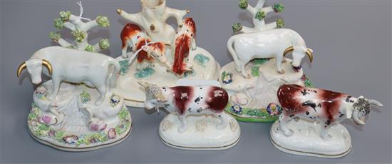 Five Staffordshire porcelain cow figures or groups, c.1830-50, H. 7cm - 12.7cm